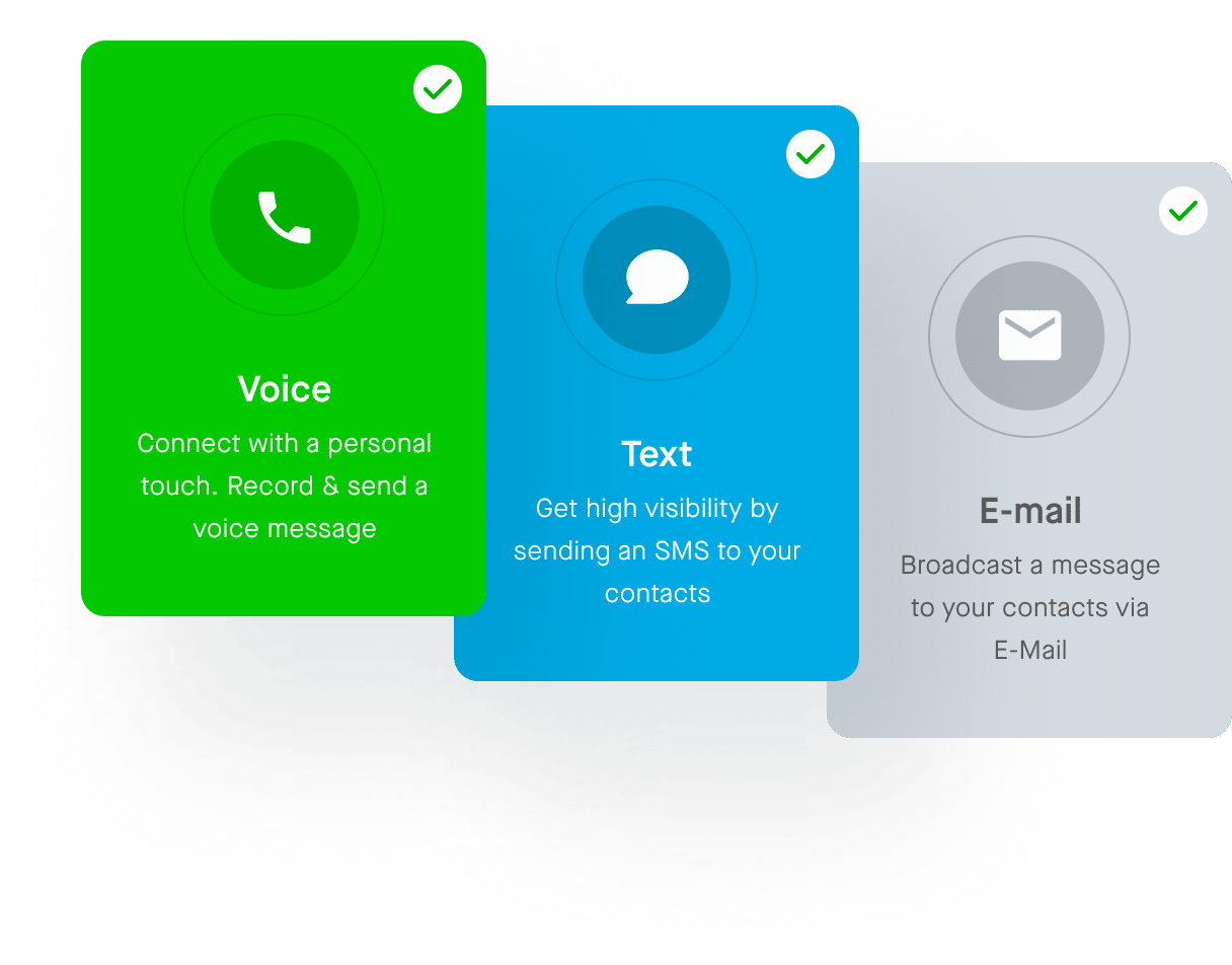 Illustration with three cards, first for voice, second for text and third for email