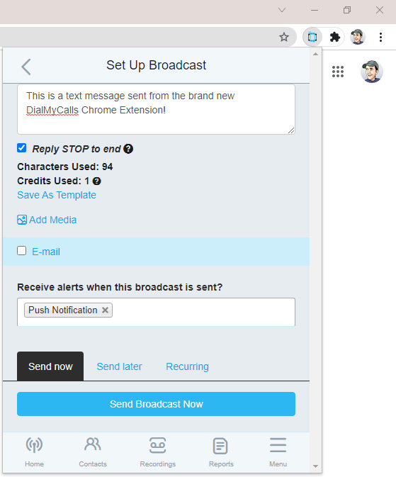 Schedule Broadcast - DialMyCalls Bulk SMS Chrome Extension