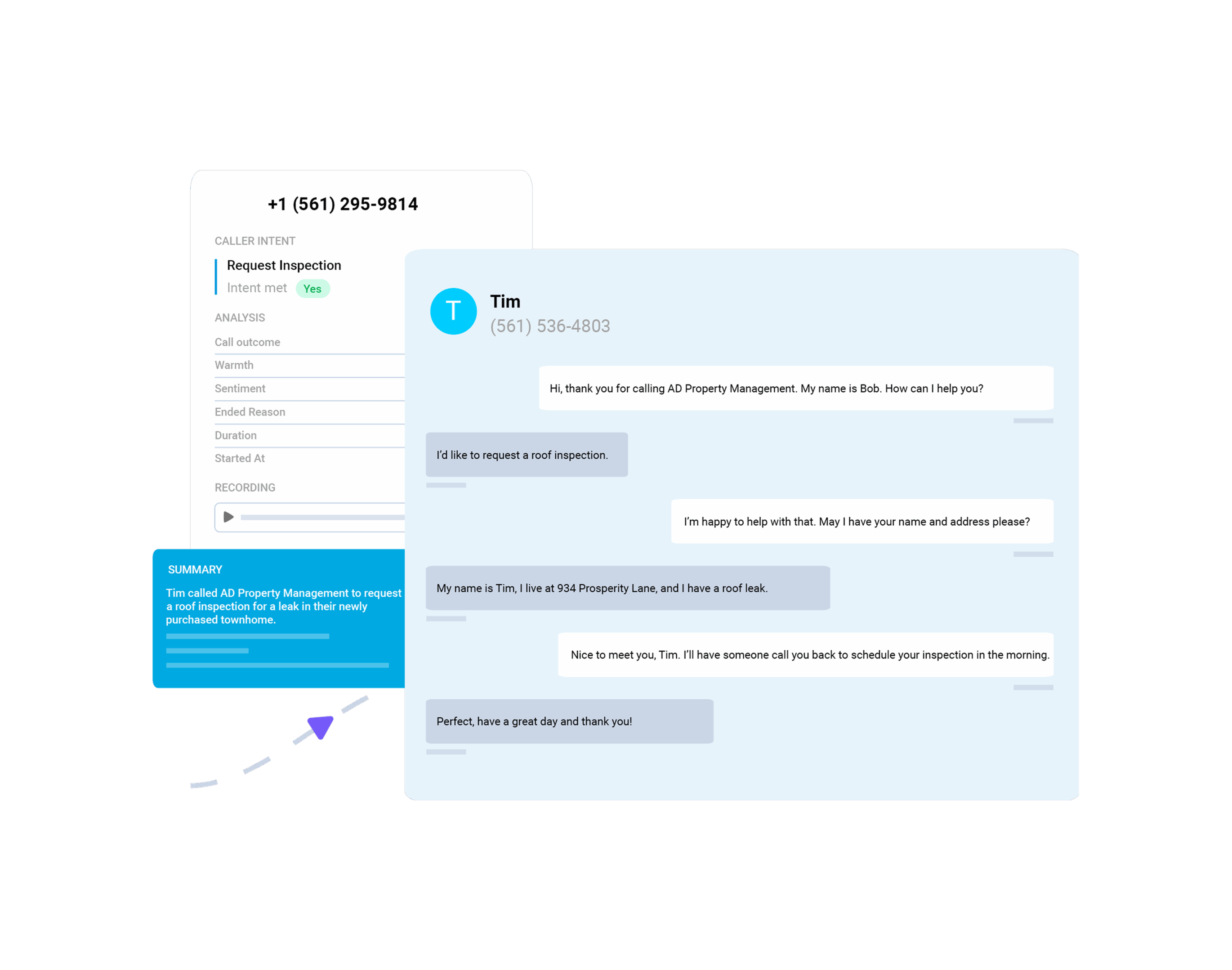 AI Receptionist Interface: chat and caller info